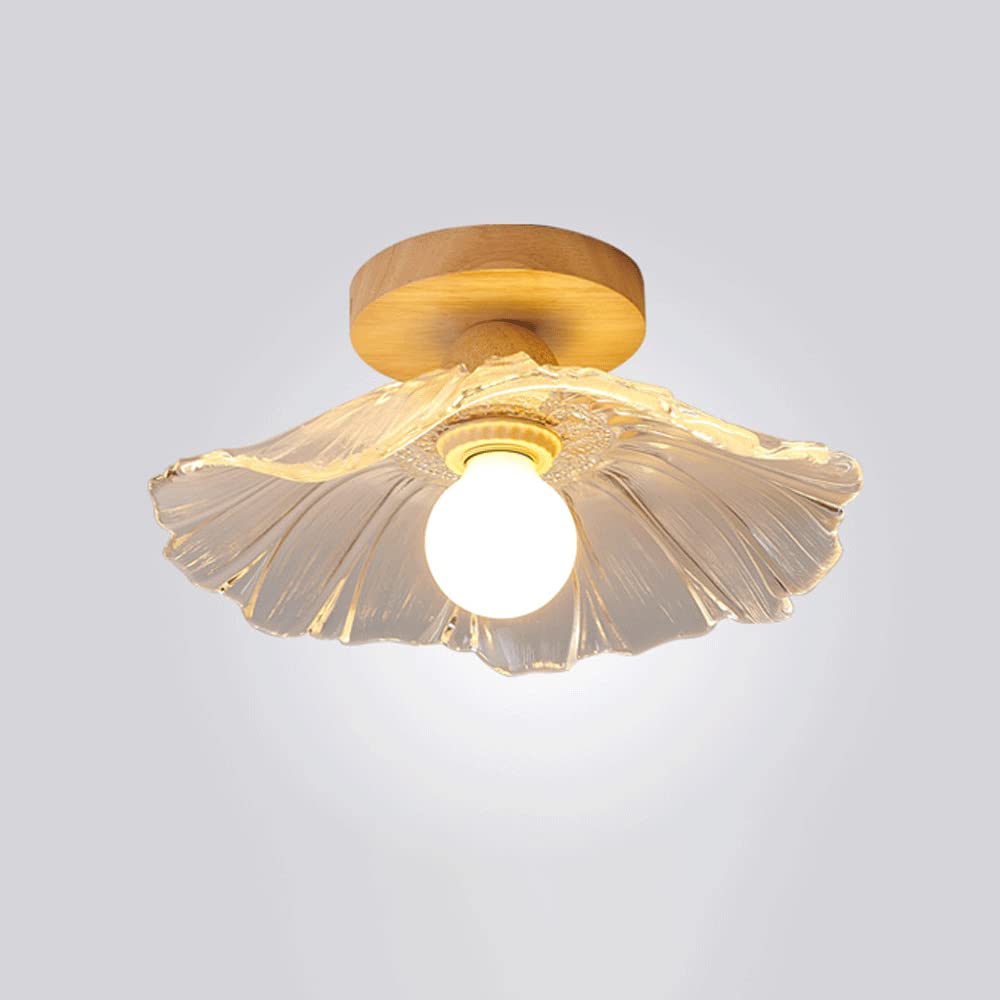 Wooden Semi Flush Mount Ceiling Light, Farmhouse Wood Close to Ceiling Lamp Vintage Glass Flowers Ceiling Lighting Fixture Retro Ceiling Light for Hallway, Entryway, Porch, Patio, Laundry Roo - WoodArtSupply