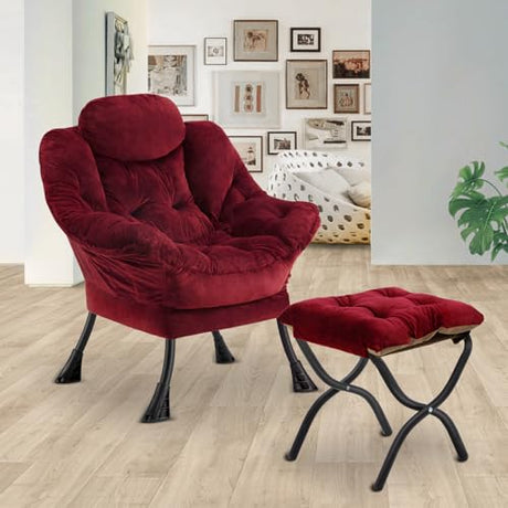 Congermom Lazy Chair with Folding Ottoman,Leisure Sofa Chair,Soft Fabric Armchair with Armrests and Side Pockets, Reading Chair with Footrest for Living Room, Bedroom, Office (Plush Red) Congermom