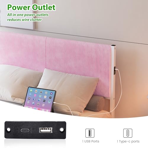 ARFARLY Floating Full Size Bed Frame with Headboard and LED Lights Upholstered Metal Platform Bed Frame Full with Charging Station No Box Spring Needed Easy to Assemble Pink ARFARLY
