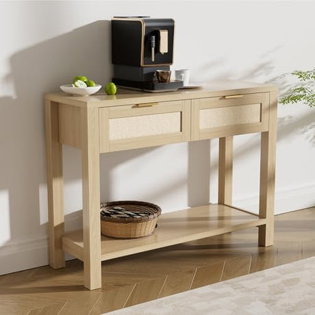 YUUIJOAA Boho Chic Console Table with 2 Rattan Drawers and Open Shelf Storage, Narrow Farmhouse Sofa Table for Small Space Entryway, Living Room,Hallway,Natural YUUIJOAA