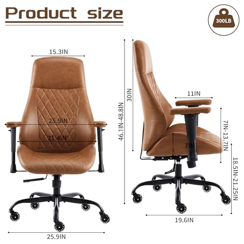 YFO Home Office Desk Chair High Back Office Rubber Casters Ergonomic Computer Chair with Lumbar Support Adjustable Height Rolling Swivel Chair Executive Task Armrests， Brown Leather YFO