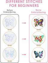 FREFTA 3 Pack Butterfly Embroidery kit for Beginners to Advanced, Floral Hand Embroidery & Cross Stitch mini Tool Kit with Stamped Patterns, Hoop, Threads & Needles, DIY Starter Kit with Instructions