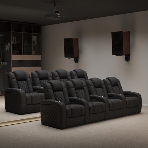 Weilianda Home Theater Seating, Top Grain Leather Zero Gravity Movie Seats Recliner Sofa, Reclining Gaming Couch with Power Lumbar 7 Colors Ambient Lighting USB C Charge Row of 4 Black Weilianda