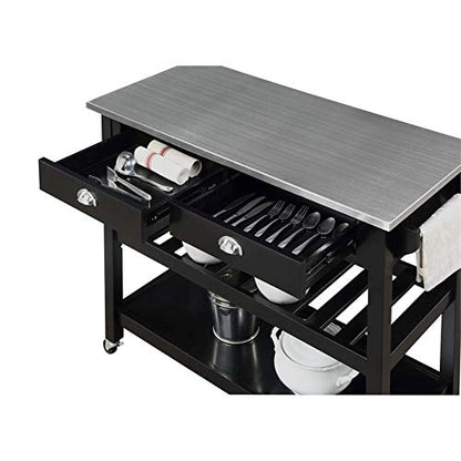 Pemberly Row Stainless Steel Top Kitchen Cart in Black Wood Finish