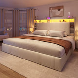 EnHomee King Size Bed Frame with 4 Storage Drawers, Upholstered Platform King Bed Frame with Headboard & LED Lights & Charging Station, Noise Free, No Box Spring Needed, Beige EnHomee