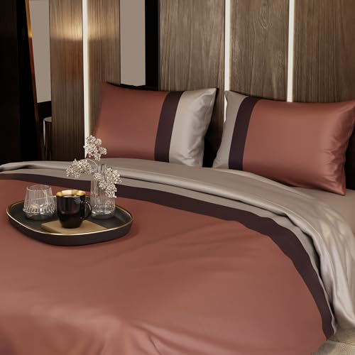 Stoa Paris Luxury Satin Queen Duvet Cover Set 3PCs, 300TC Silk-Like Bedding for Hot Sleepers, Skin & Hair Safe, Hidden Zipper + 2 Pillow Shams 20x30”, No Comforter Included, Vogue - Caramel, Wine Stoa Paris
