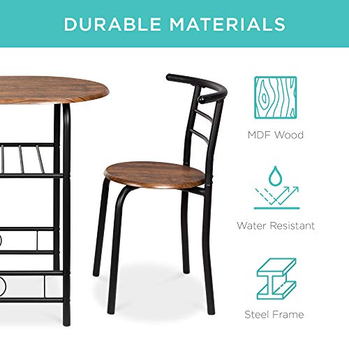 Best Choice Products 3-Piece Wooden Round Table & Chair Set for Kitchen, Dining Room, Compact Space w/Steel Frame, Built-in Wine Rack - Black/Brown Best Choice Products