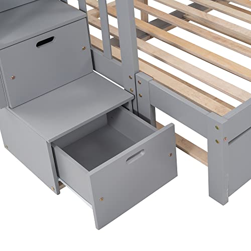 Twin over Full Bunk Bed with Trundle for 2 Kids, Wood Twin over Full Size Bunk Bed with Storage Cabinet and Drawers, Convertible Bunk Beds Split into 3 Beds for Teens, Adults, Noise-reduced, Gray Harper & Bright Designs