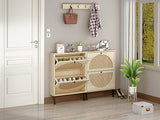 ZeHuoGe Natural Rattan Shoe Cabinet with 2 Flip Drawers, Entrance Hallway Free Standing Shoe Racks with Metal Legs for Heels, Slippers (Natural) ZeHuoGe