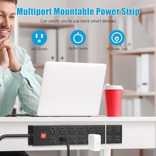 HHSOET Metal 16 Outlet Mountable Power Strip, Wall Mount Garage Workbench Socket, Gaming Table Surge Protector with 6 FT Power Cord.(Black) HHSOET