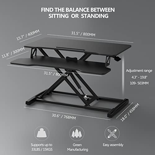 FITUEYES Height Adjustable Standing Desk 32” Wide Sit to Stand Converter Stand Up Desk Tabletop Workstation for Dual Monitor Riser FSD308001WB FITUEYES