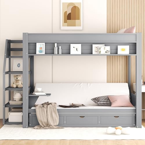 HRJHLucky Full Size Convertible Futon Bunk Bed with Storage Staircase, Bedside Table and 3 Drawers (Gray) HRJHLucky