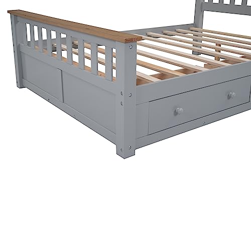 Harper & Bright Designs Full Bed with 2 Storage Drawers, Solid Wood Full Size Platform Bed with Headboard and Footboard, Full Size Bed Frame for