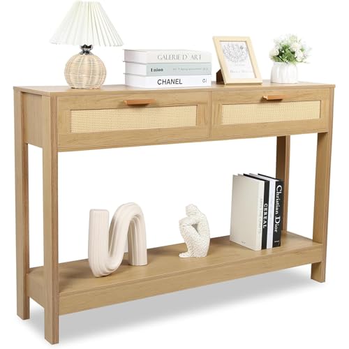 Duryarhall Console Table with Rattan Drawers Boho Entryway Table Narrow Long Sofa Table for Entrance, Hallway, Living Room, Couch Duryarhall