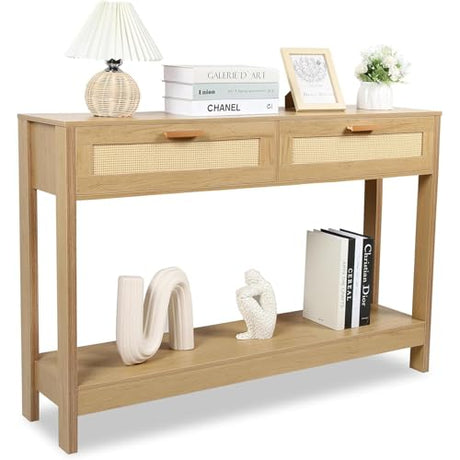 Duryarhall Console Table with Rattan Drawers Boho Entryway Table Narrow Long Sofa Table for Entrance, Hallway, Living Room, Couch Duryarhall