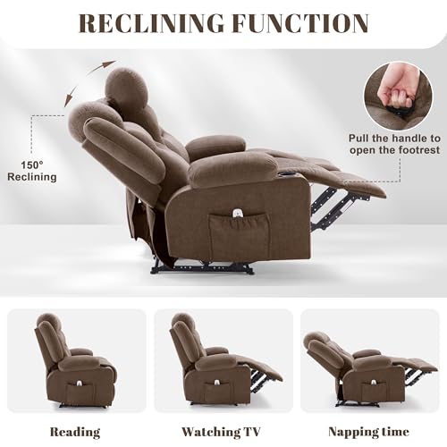 Reedvales Oversized Recliner Sofa with Heat and Massage, Big Large 3-Seater RV Recliner Couch Sofa for Living Room, Wall-Hugger Reclining Sofa with Cup Holders and USB Port (Fabric, Brown)