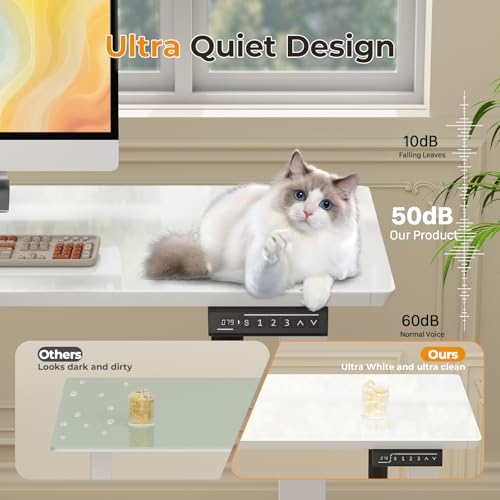 JOY worker Small Electric Standing Desk, 40" x 20" Whole Glass Piece Height Adjustable Desk with Memory Controller, White Sit to Stand Desk Workstation for Home Office JOY worker