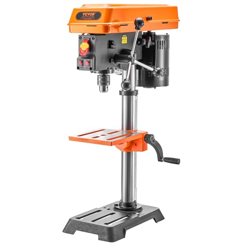 VEVOR 10 in Benchtop Drill Press, 6.2A Induction Motor, Tabletop Drilling Machine with 610/940 / 1500/2150 / 2800 RPM Adjustable Speed, 0-45° Tilting Worktable, LED Work Light, for Wood Metal - WoodArtSupply