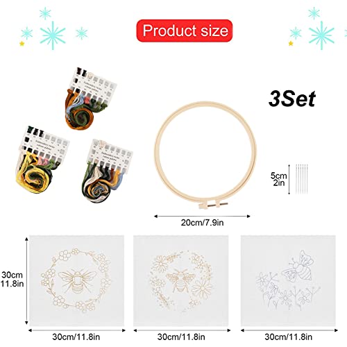 Lukinbox Embroidery Kit for Beginners Adults, 3 Sets Cross Stitch Starter Kits Include 3 Stamped Embroidery Clothes with Floral and Bee Pattern, 1 Embroidery Hoop, Threads, Needles and Instructions