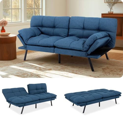 MUUEGM Futon Sofa Bed 71" Convertible Memory Foam Royal Blue Futon Couch Bed Modern Loveseat Sleeper with Adjustable Backrests Armrests for Living Room,Small Space,Office MUUEGM