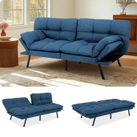MUUEGM Futon Sofa Bed 71" Convertible Memory Foam Royal Blue Futon Couch Bed Modern Loveseat Sleeper with Adjustable Backrests Armrests for Living Room,Small Space,Office MUUEGM