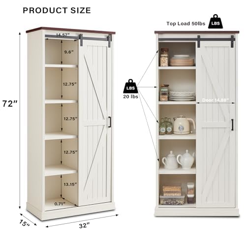 Aitjunz 72” Tall Farmhouse Bookshelf, 32” Wide Large Wooden Bookcase with Sliding Barn Door, 5-Tier Storage Cabinet with Adjustable Shelves, Modern Versatile Cabinet for Living Room, Bedroom, White Aitjunz