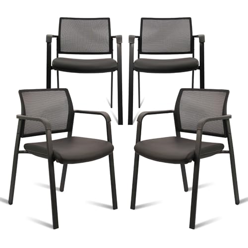 CLATINA Stackable Office Chair, Mesh Back Guest Chairs with Comfortable Leather Seat Arms Stacking Ergonomic Desk Chair No Wheels for Conference Waiting Reception School Stationary, Black, Set of 4 CLATINA