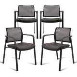 CLATINA Stackable Office Chair, Mesh Back Guest Chairs with Comfortable Leather Seat Arms Stacking Ergonomic Desk Chair No Wheels for Conference Waiting Reception School Stationary, Black, Set of 4 CLATINA