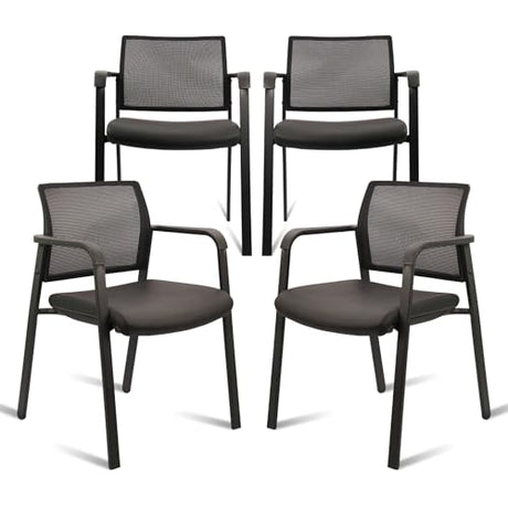 CLATINA Stackable Office Chair, Mesh Back Guest Chairs with Comfortable Leather Seat Arms Stacking Ergonomic Desk Chair No Wheels for Conference Waiting Reception School Stationary, Black, Set of 4 CLATINA