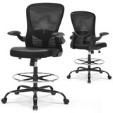 OLYFING Ergonomic Drafting Chair, Standing Desk Chair with Lumbar Support Tall Office Chair with Flip-Up Arms Footrest Ring, Breathable Mesh High Desk Chair with PU Leather Seat Cushion, Black OLYFING