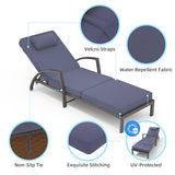 Set of 2 Chaise Lounge Chairs Outdoor, PE Rattan Wicker Poolside Recliners with 5-Position Adjustable Backrest, Blue Cushions, Armrests and Wheels, Patio and Garden Furniture for Beach and Backyard
