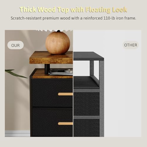 DreamDashio Night Stand with APP Control LED Lights, 3 Fabric Storage Drawers with PU Finish, Floating Top Design, Bedside Table with Open Shelf, End Table for Bedroom, Living Room, Office (Black) DreamDashio