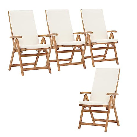 OC Orange-Casual Folding Patio Dining Chair Set of 4, Outdoor Acacia Wooden Reclining Chair w/Armrest & Removeable Cushion, FSC Certified Wood, for Porch, Backyard, Garden, Indoor, Beige OC Orange-Casual