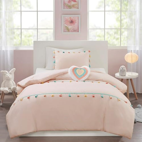 Intelligent Design Kids Queen Comforter Set for Girls, Pink, Tessa Adorable Teen Bedding Sets for Girls, Fun Colorful Pom Pom Tassel, Sham, Boho Heart Throw Pillow, Full/Queen, Blush 4 Piece Intelligent Design