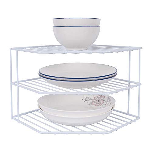 3-Tier Corner Shelf Counter and Cabinet Organizer - Steel Metal Wire - Rust Resistant - Plates, Dishes, Cabinet & Pantry Organizer - Kitchen Organization (10 x 7.5 Inch)(White) SIBAO