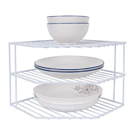 3-Tier Corner Shelf Counter and Cabinet Organizer - Steel Metal Wire - Rust Resistant - Plates, Dishes, Cabinet & Pantry Organizer - Kitchen Organization (10 x 7.5 Inch)(White) SIBAO