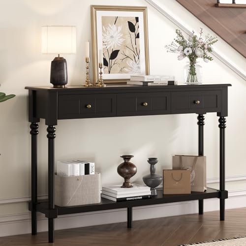 JOINICE Console Tables with Drawers,43" Entryway Table with Shelf and Solid Wood Legs,Narrow Long Sofa Table with Storage, Wood Foyer Tables for Entryway,Living Room,Hallway,Black JOINICE