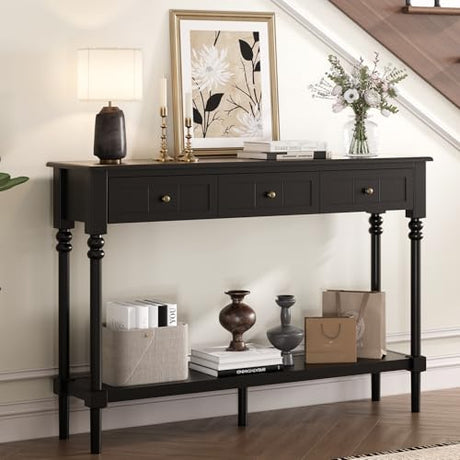 JOINICE Console Tables with Drawers,43" Entryway Table with Shelf and Solid Wood Legs,Narrow Long Sofa Table with Storage, Wood Foyer Tables for Entryway,Living Room,Hallway,Black JOINICE