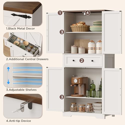 71" Tall Kitchen Pantry Storage Cabinet with Barn Doors and Shelves, White Farmhouse Linen Storage Cabinet With Drawers, Free standing Food Pantry Cabinets for Kitchen, Dining Room, Living Room Befrases