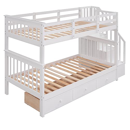 Harper & Bright Designs Twin Over Twin Bunk Bed with Stairs and Guard Rail, Twin Size Bunk Beds with Storage Drawers,Wooden Bunk Bed Frame for Bedroom, Dorm, Kids, Teens, Adults,White Harper & Bright Designs