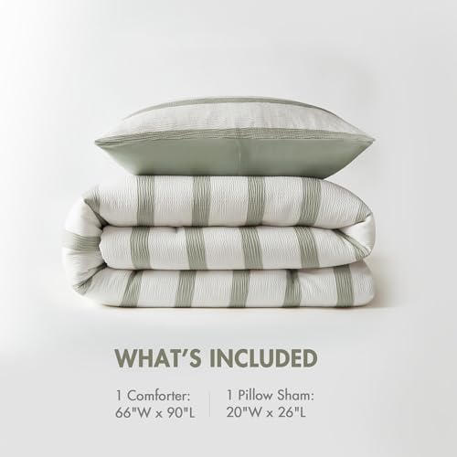 Madison Park Essentials Striped Comforter Set Twin Size, Yarn-Dyed Reversible Comforter with Minimalist Stripes, Crinkled Texture Bedding Set for All-Season Lightweight Warmth, Merritt Sage Green Madison Park
