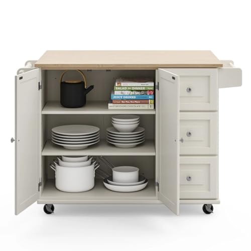 Homestyles Mobile Kitchen Island Cart with Wood Drop Leaf Breakfast Bar, Off White,Soft White, 54 Inch Width homestyles