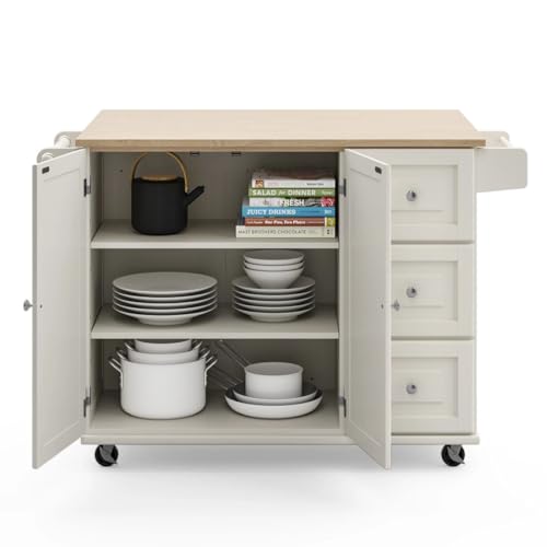 Homestyles Mobile Kitchen Island Cart with Wood Drop Leaf Breakfast Bar, Off White,Soft White, 54 Inch Width