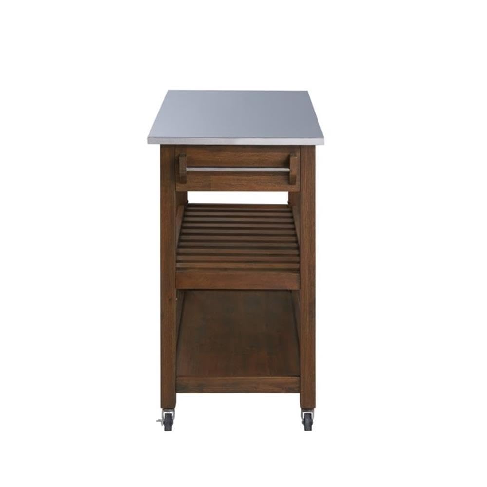 BOWERY HILL Modern Wood/Stainless Steel Kitchen Cart in Chestnut Wire-Brush BOWERY HILL