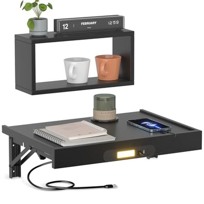 TEAMIX Floating Nightstand with Charging Station, Wall Mounted Folding Bedside Shelf Combo Nightstand with Led Light USB Type C Ports, Space Saving Bed Side Tray Storage for Bedroom, Living Room, Dorm
