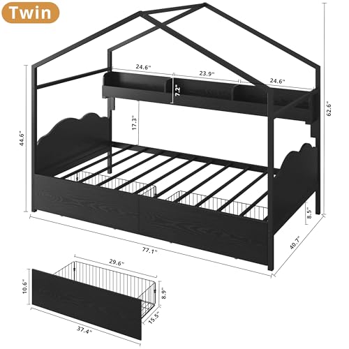 LIKIMIO Twin Bed Frame with 2 Storage Drawers, DIY House Bed with Bookshelf & Curved Headboard & Footboard, Twin Corner Bed Frames for Bedroom, No Box Spring Needed, Black LIKIMIO