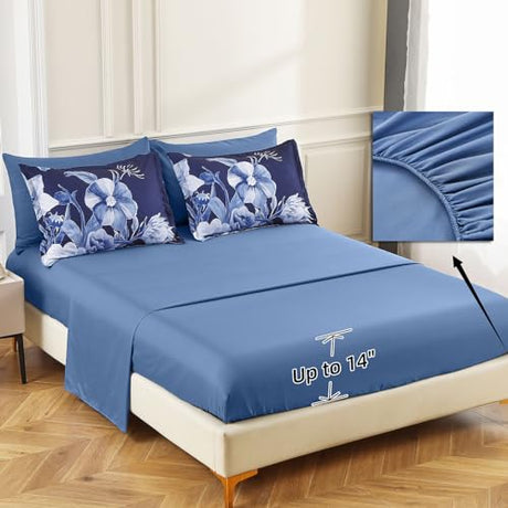 Luxudecor Floral Comforter Set King Size 7 Piece, Navy Blue Flower Bed in a Bag, Elegant Floral Comforter with Sheet Set, Soft Microfiber Bedding Set for All Season (Navy Blue, 104"x90") Luxudecor