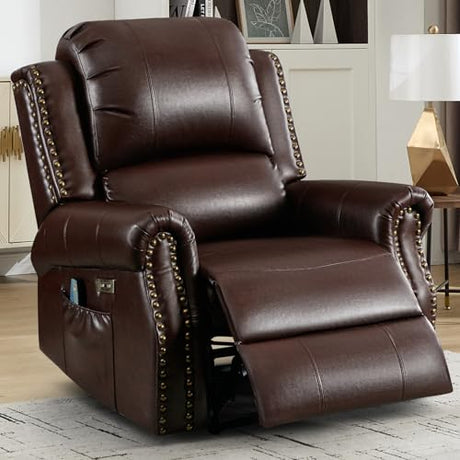 EBELLO Power Recliner Chair with Massage and Heat, Faux Leather Electric Massage Reclining Chair for Adults with Overstuffed Backrest and Side Pocket, Single Sofa for Living Room, Red Brown EBELLO