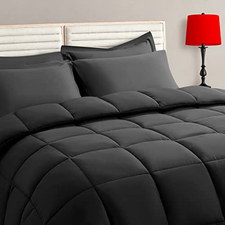 TAIMIT Full Size Comforter Set - 7 Pieces, Bed in a Bag Bedding Sets with All Season Soft Quilted Warm Fluffy Reversible Comforter,Flat Sheet,Fitted Sheet,2 Pillow Shams,2 Pillowcases,Dark Grey TAIMIT