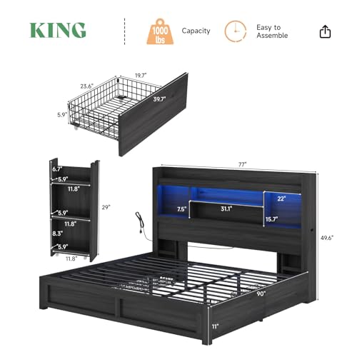 AMERLIFE King Size Bed Frame with LED Headboard, 4 Storage Drawers & Charging Station AMERLIFE